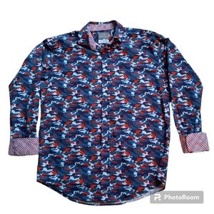 Thomas Dean Boys Button Up Shirt Long Sleeve Camo Flip Cuff Blue Orange XL 18/20